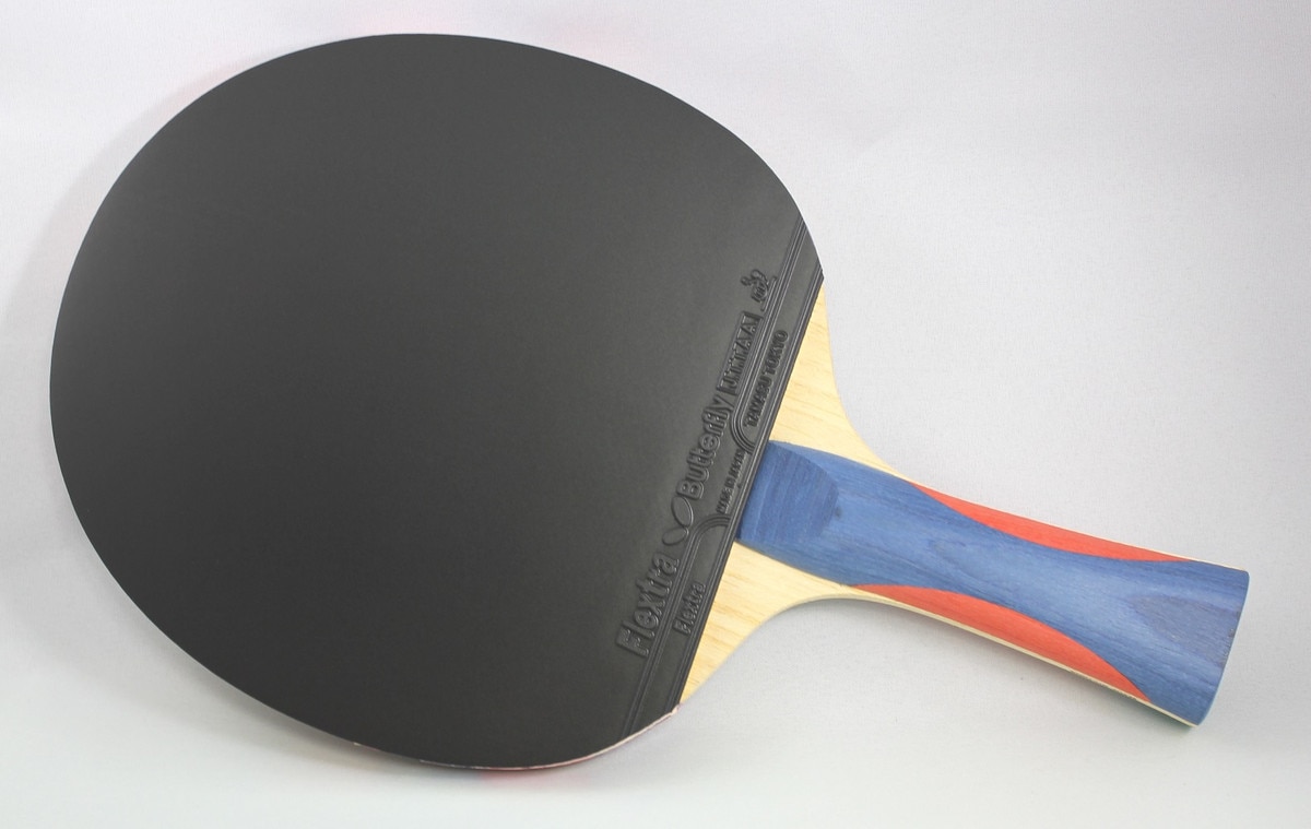 Butterfly Nakama S-8 Racket: Diagonal View of Black Rubber